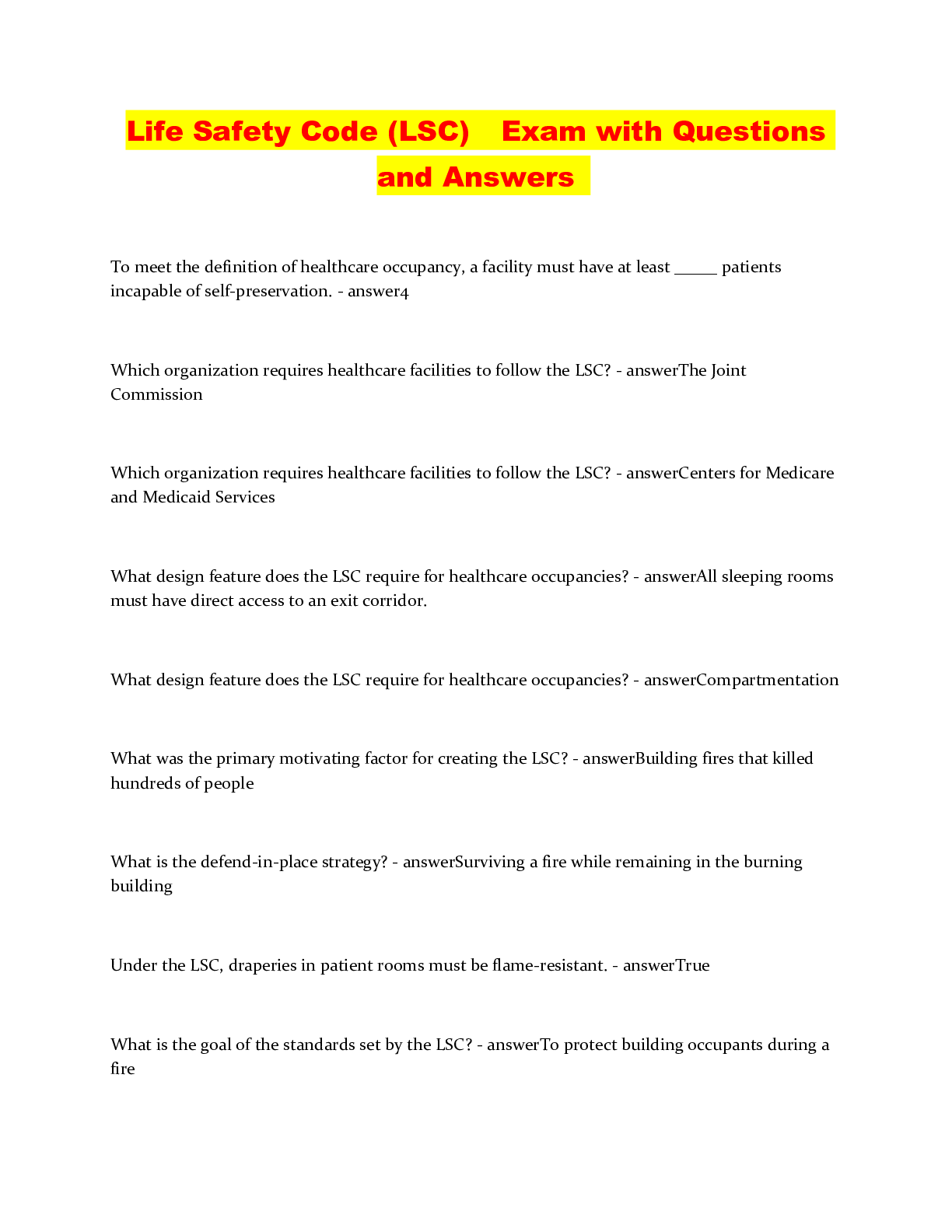 Preview image of Life Safety Code (LSC) Exam with Questions and Answers document